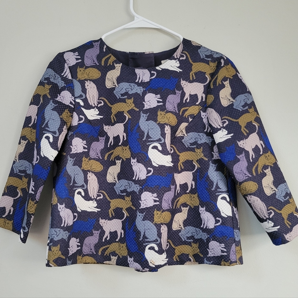 H&M Crop Cat Blue Boxy Top Women's Size 4 Artsy Eclectic Maximalism Retro